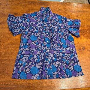 Mille Resort & Travel Floral Button-Up Blouse blue purple gray ruffle size S